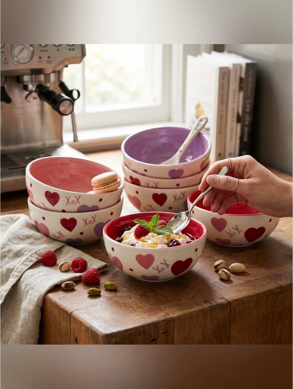 Ceramic glazed cereal ice cream bowls with XOX and hearts theme. Set of 5